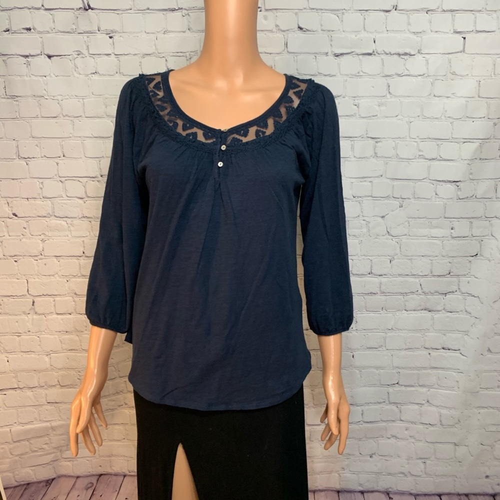 Lucky brand navy blue embroidered long sleeve top size xs